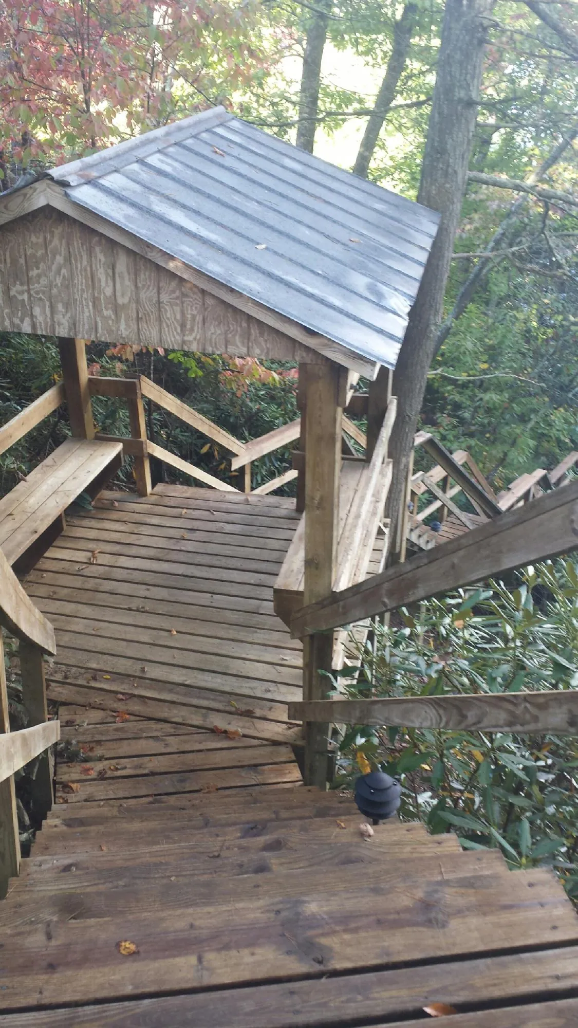 Metal roofed shelter over wooden steps on a wooded walkway — Skylight Repair & Installation work by our crew in Devine